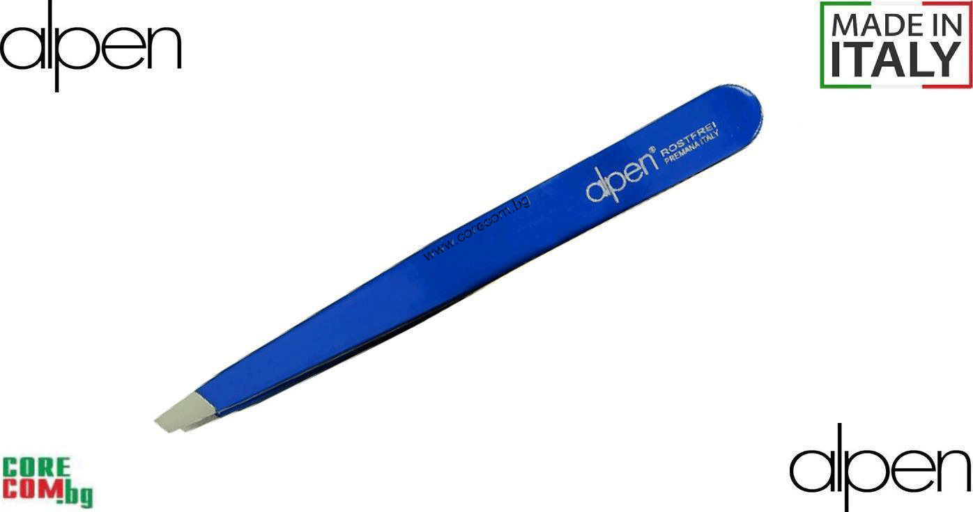 Alpen Италия Professional stainless steel 10.0 cm slant tweezers in color finish, Професионална козметична пинсета със скосен и прецизен връх, произведена от неръждаема стомана, размер: 10 см., Alpen Professional