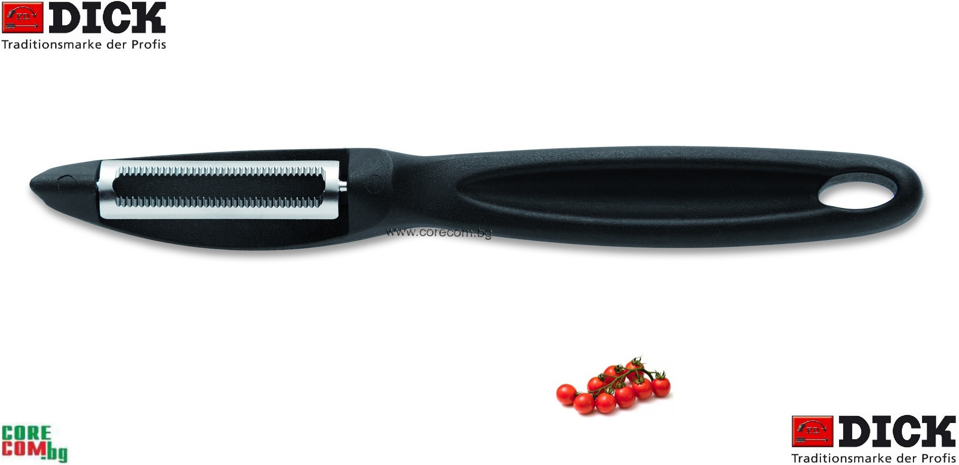Dick Germany Utility Peeler-Black, Универсална кухненска белачка за плодове и зеленчуци с микроназъбено острие, изработена от неръждаема стомана и пластмаса, белачката е подходяща за работа с лява и дясна ръка, размер: 18 см., Dick Германия