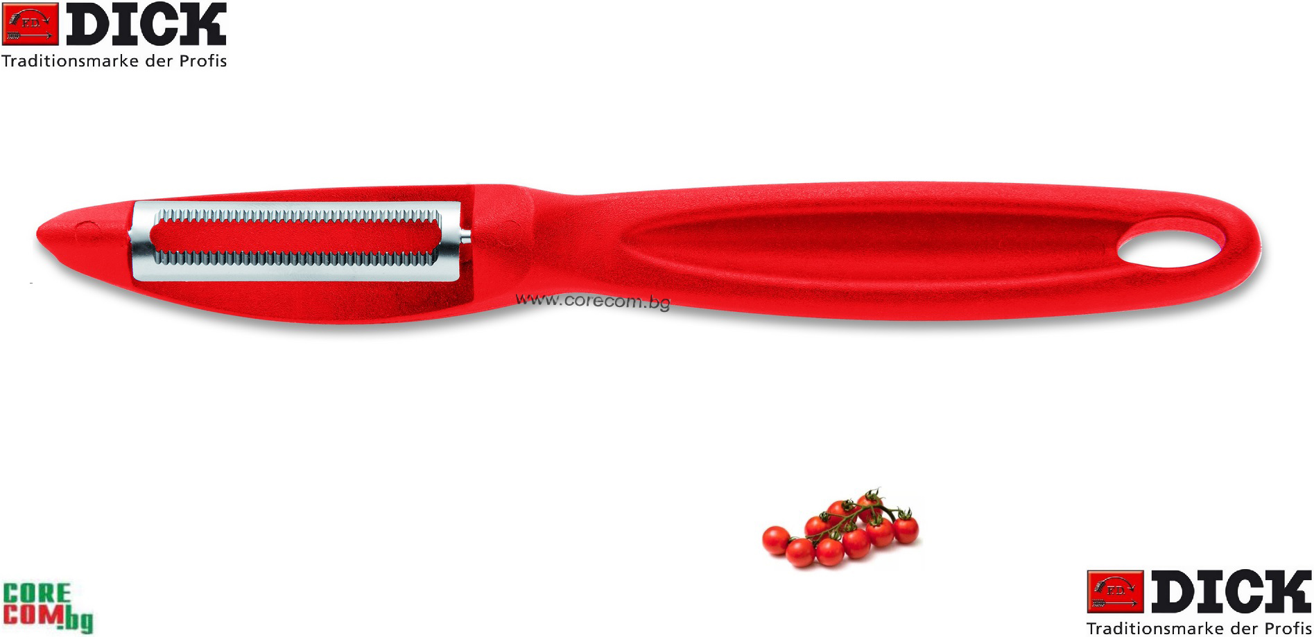Dick Germany Utility Peeler-red, Универсална кухненска белачка за плодове и зеленчуци с микроназъбено острие, изработена от неръждаема стомана и пластмаса, белачката е подходяща за работа с лява и дясна ръка, размер: 18 см., Dick Германия