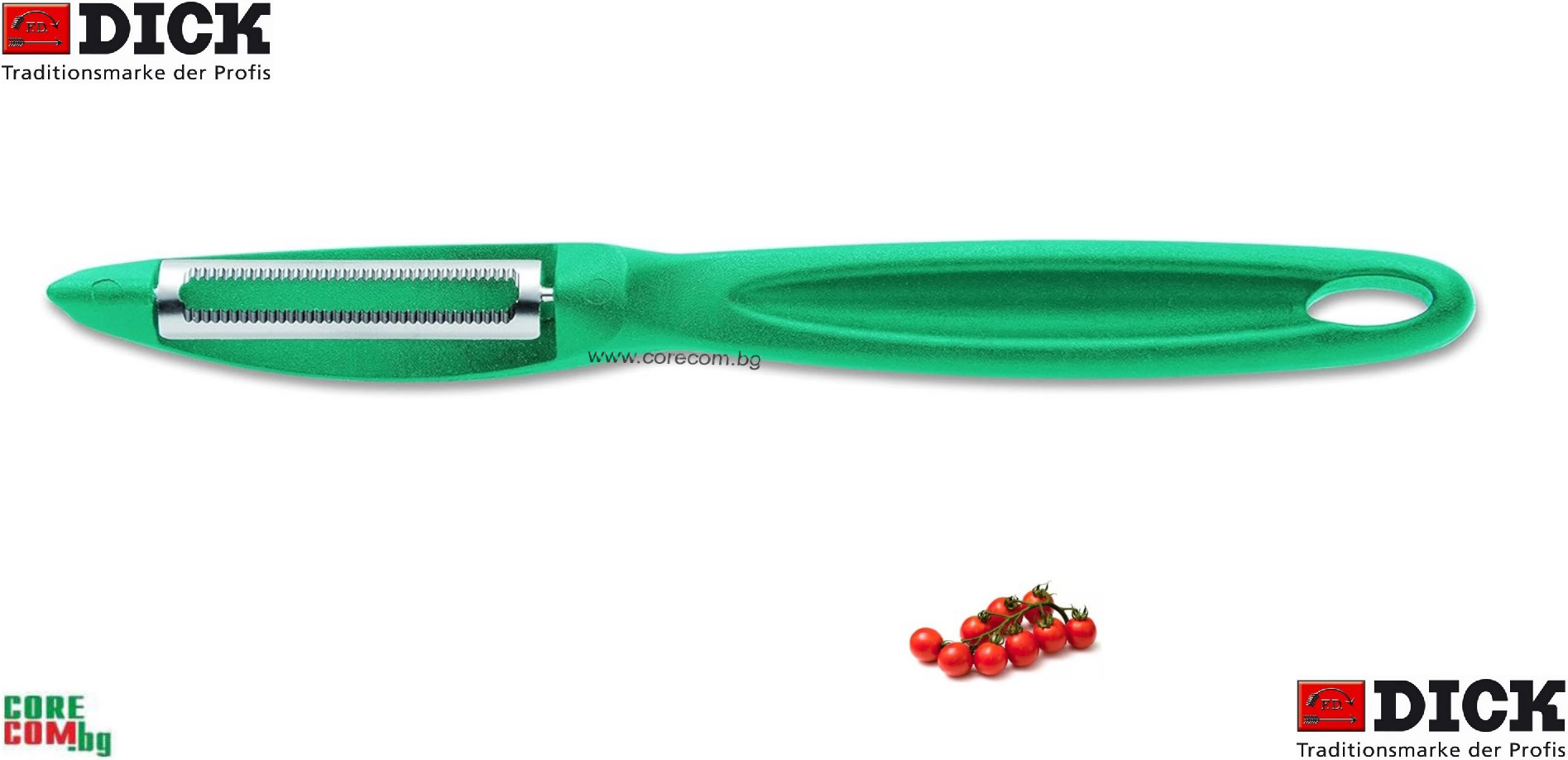 Dick Germany Utility Peeler-Green, Универсална кухненска белачка за плодове и зеленчуци с микроназъбено острие, изработена от неръждаема стомана и пластмаса, белачката е подходяща за работа с лява и дясна ръка, размер: 18 см., Dick Германия