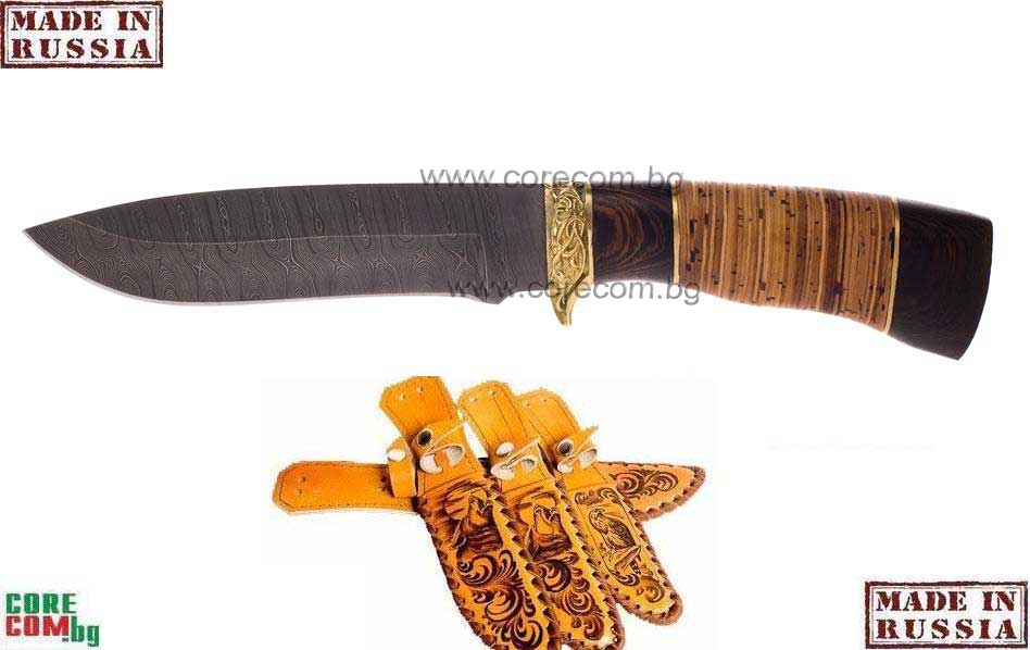 LADYA Russian knives Рекрут, Класически ловен или туристически нож, изработен от Дамаска стомана: HRC 61, подходящ за дране, размер на острието: 14.0 см., ЛАДИЯ Русия Рекрут