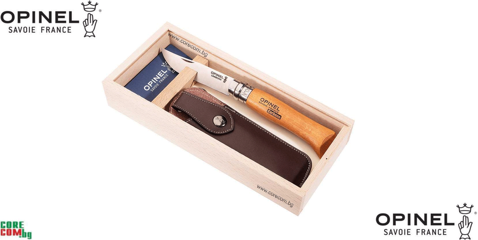 Opinel No 9 Carbon Steel (X90), Сгъваем джобен нож с букова дръжка, размер на острието: 9 см., в комплект с оригинален фирмен калъф от естествена кожа, Опинел Франция No 9