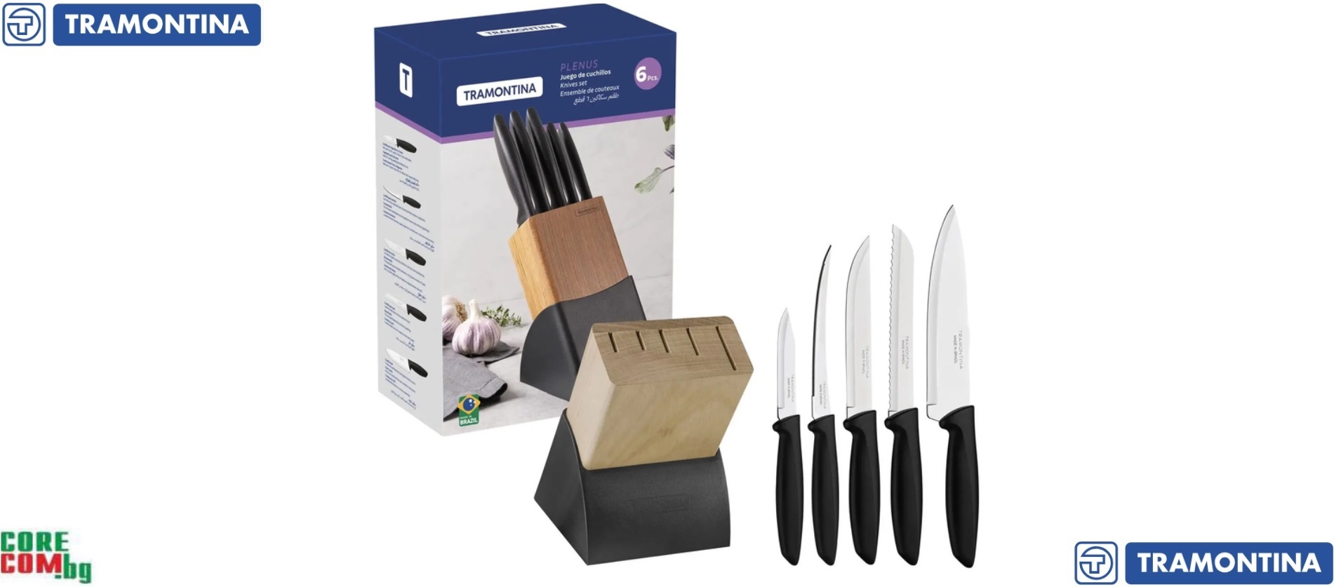 Tramontina Plenus 6 Piece Knife Set with Black Knife Block, Комплект кухненски ножове, изработени от неръждаема стомана с пластмасови дръжки, Tramontina Бразилия "Plenus"