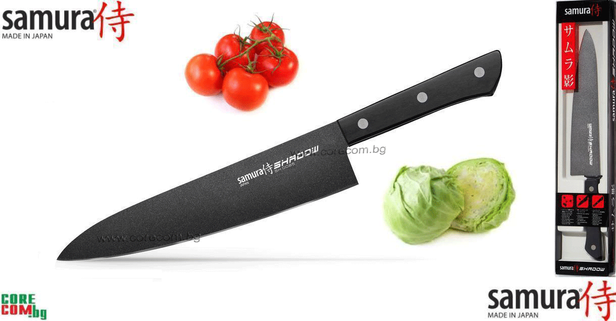 Japanese Chef’s knife with BLACK FUSO coating 8.2"/208 mm. Hardness 59 HRC, Професионален кухненски нож, подходящ за "накълцване" на продуктите или обща употреба в кухнята, размер на острието: 20.8 см., Самура Япония "SHADOW"