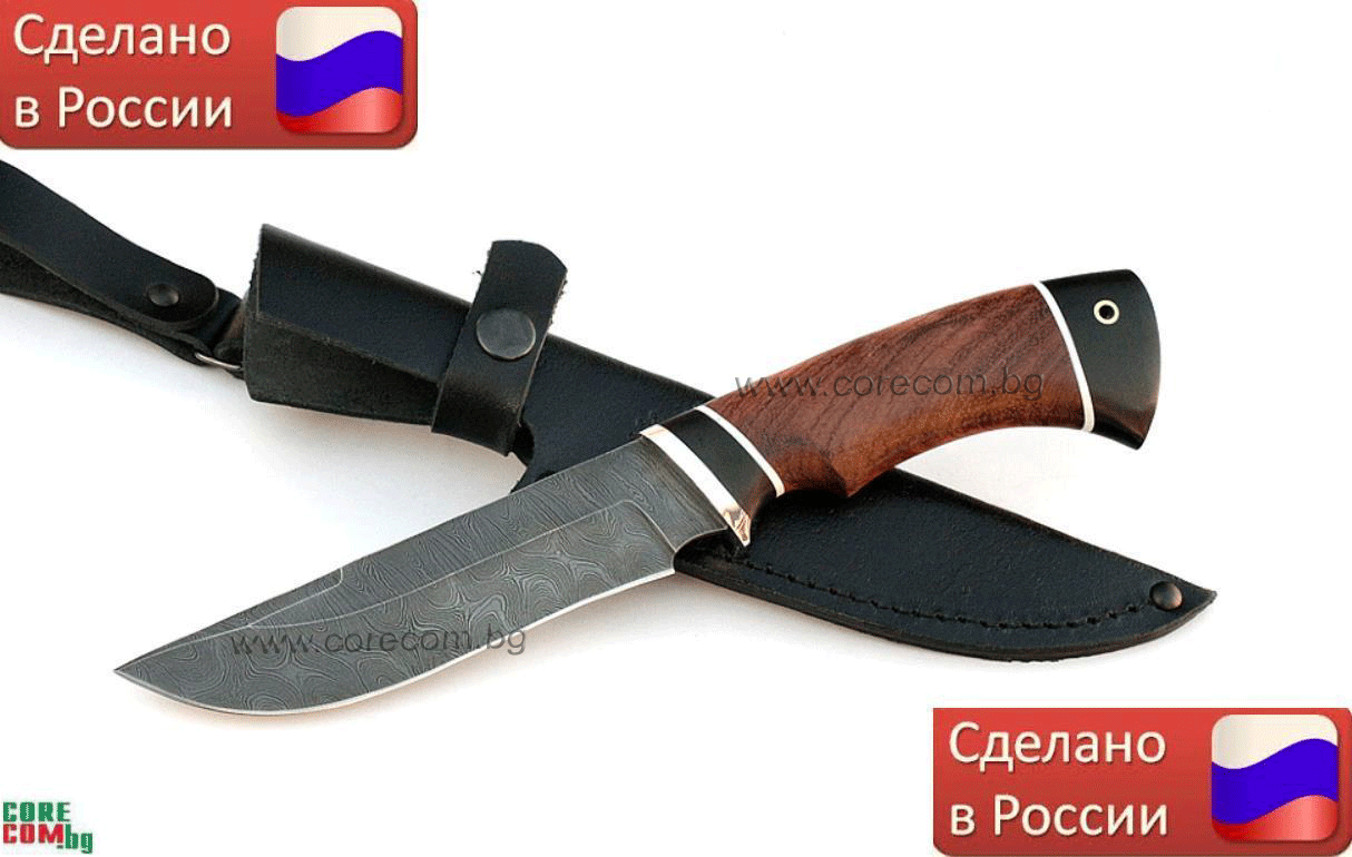 Russian hunting knives "Rusak", Класически ловен или туристически нож, изработен от Дамаска стомана: HRC 62, подходящ за дране, размер на острието: 14 см., Русия "Русак", Безплатна доставка в България!