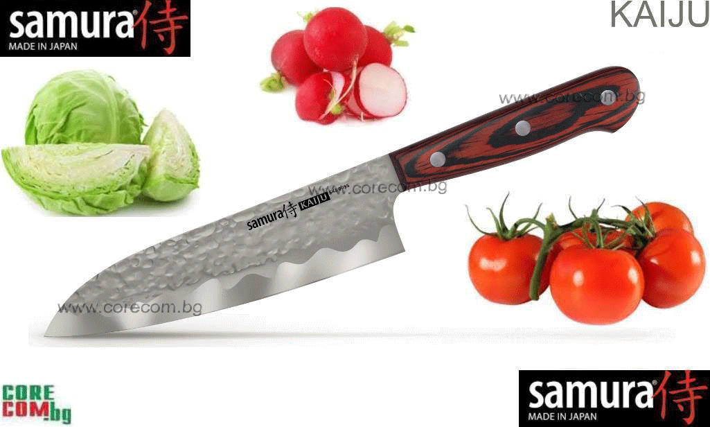 Samura Kaiju Santoku Knife 18cm AUS 8 Hammered 18 sm, Професионален нож за накълцване на продуктите, изработен от кована Японска стомана AUS 8, размер на острието: 18 см, Самура Япония