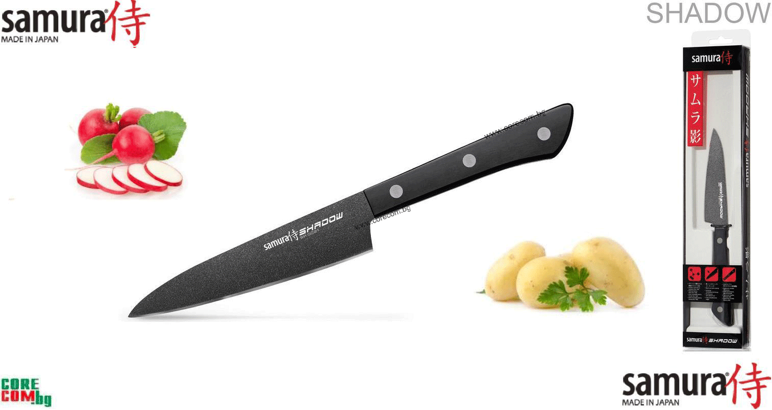 Japanese Paring knife with BLACK FUSO coating 4"/99 mm. Hardness 59 HRC, Професионален кухненски нож, подходящ за плодове, зеленчуци или обща употреба в кухнята, размер на острието: 10.0 см., Самура Япония "SHADOW"