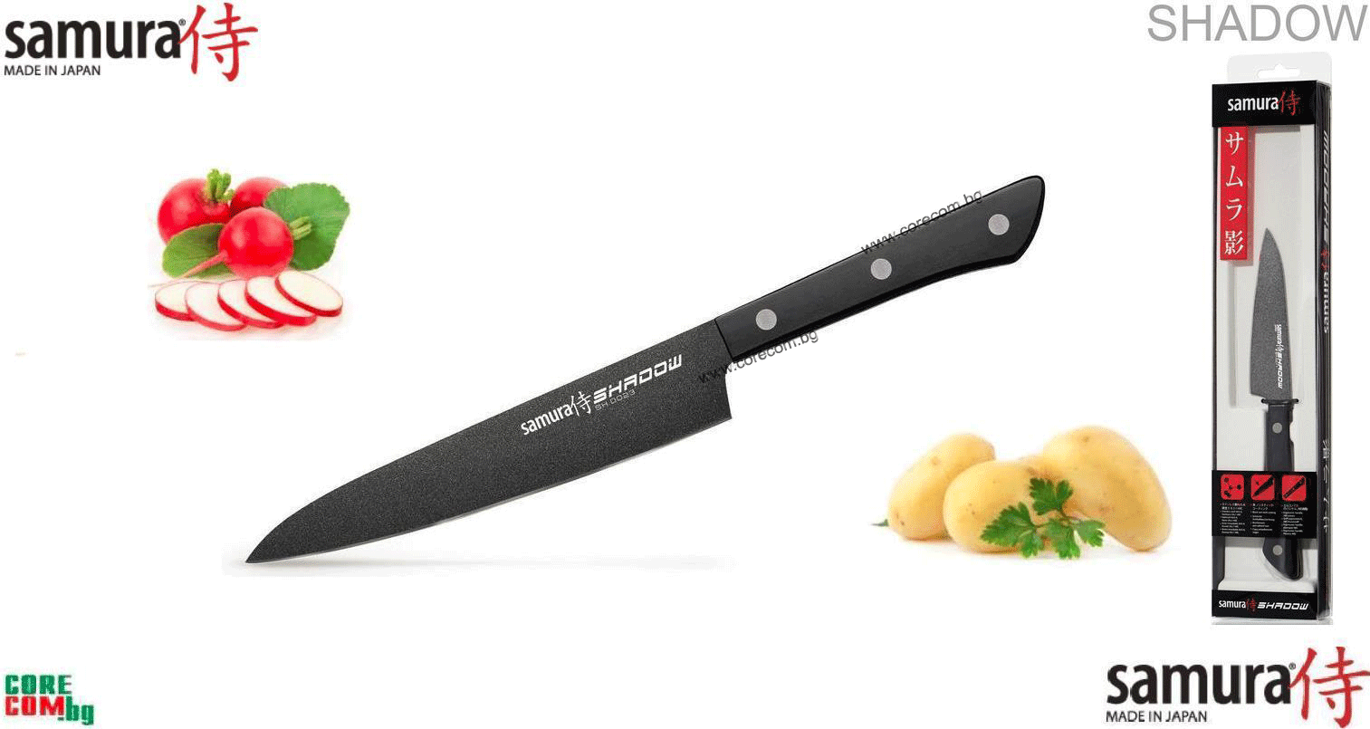 Japanese Paring knife with BLACK FUSO coating 4.7"/120 mm. Hardness 59 HRC, Професионален кухненски нож, подходящ за плодове, зеленчуци или обща употреба в кухнята, размер на острието: 12.0 см., Самура Япония "SHADOW"